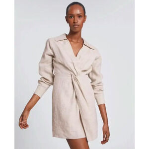 & Other Stories Beige Cream Linen Twist Front Mini Shirt Dress, size EU 34/US 2
